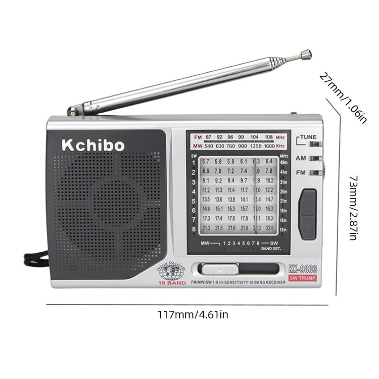 Đài radio di động Kchibo 10 băng tần AM/FM/SW với loa chất lượng cao, máy thu đa băng tần mini KK-9803