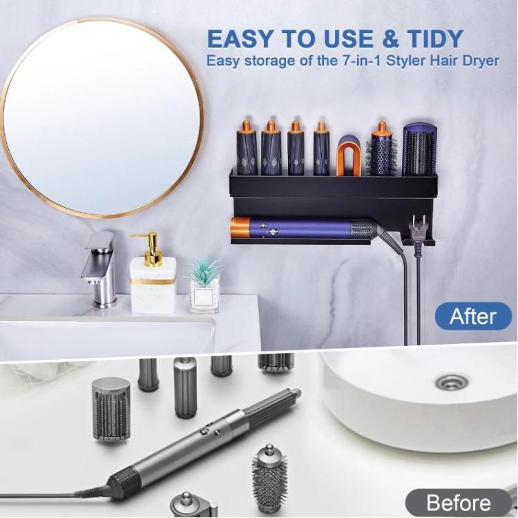 Giá đỡ lưu trữ máy uốn tóc và máy sấy tóc gắn tường cho Dyson, nhôm đen, sắt