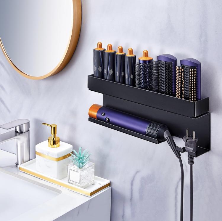 Giá đỡ lưu trữ máy uốn tóc và máy sấy tóc gắn tường cho Dyson, nhôm đen, sắt