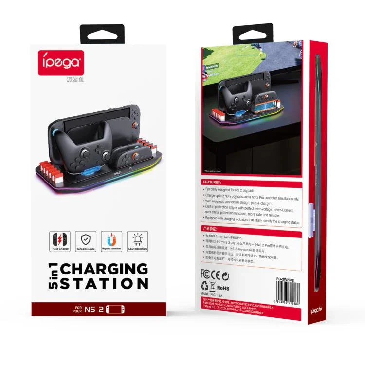 Dock sạc ipega cho Nintendo Switch 2 Joy-Con & Pro Controller với đèn RGB, giá đỡ thẻ game, PG-SW2048