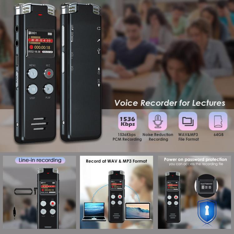 Máy ghi âm kỹ thuật số kích hoạt bằng giọng nói chống ồn HD di động cho hội nghị, dung lượng 64GB, 128GB