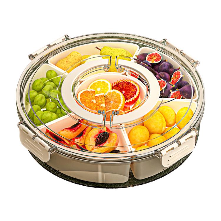 360-Degree Rotating 6-Compartment Snack Tray with Handle & Airtight Lid – Round Portable Food Storage Container for Fruits, Nuts, Candy, 6-Compartment