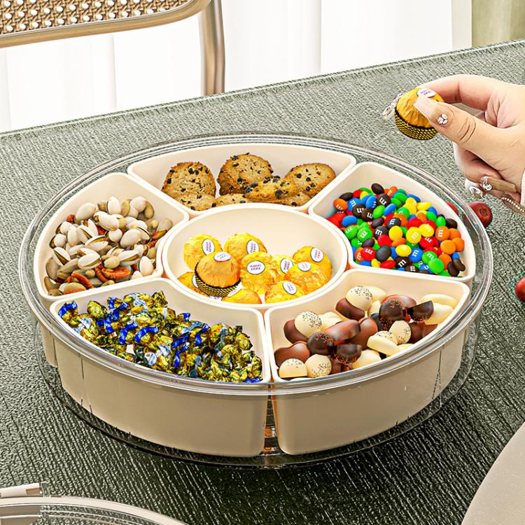 Khay đựng đồ ăn nhẹ 6 ngăn xoay 360 độ có tay cầm và nắp kín – hộp đựng thực phẩm tròn di động cho trái cây, hạt, kẹo, 6 ngăn