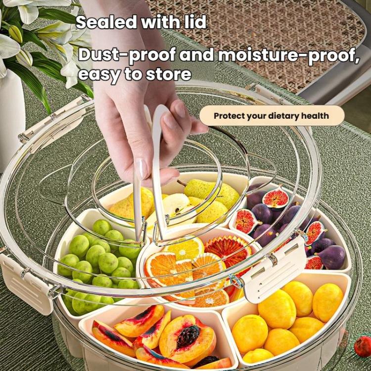 Khay đựng đồ ăn nhẹ 6 ngăn xoay 360 độ có tay cầm và nắp kín – hộp đựng thực phẩm tròn di động cho trái cây, hạt, kẹo, 6 ngăn