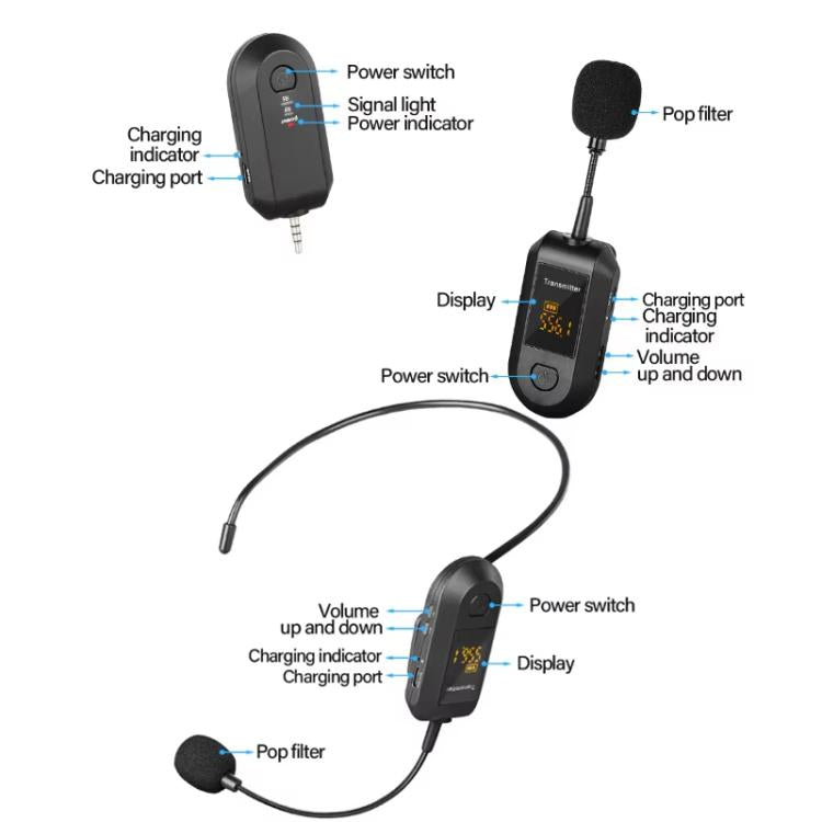 Bộ khuếch đại micro không dây 2.4G Microphone di động, 1 trong 1 kẹp ve áo, 1 trong 1 đội đầu, 1 trong 2 kẹp ve áo, 1 trong 2 đội đầu
