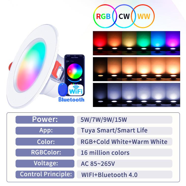 Đèn âm trần LED điều chỉnh độ sáng RGB+CW+WW tương thích với Tuya WIFI & Bluetooth, 5W 2.5 inch, 7W 3.5 inch, 10W 4 inch
