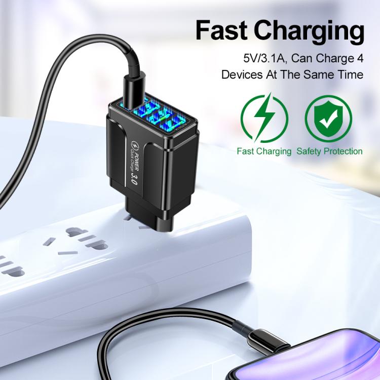 Sạc điện thoại 4 cổng USB 5.1A QC3.0 sạc nhanh, phích cắm EU, Mỹ, Anh