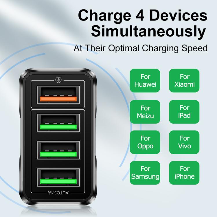 Sạc điện thoại 4 cổng USB 5.1A QC3.0 sạc nhanh, phích cắm EU, Mỹ, Anh