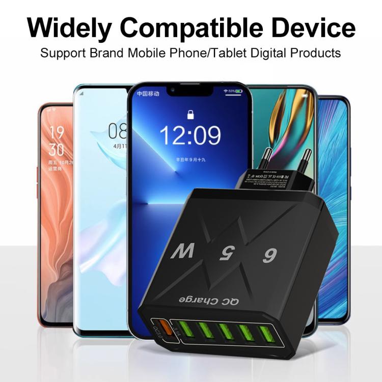 Sạc điện thoại 6 cổng USB 65W QC3.0 sạc nhanh, phích cắm EU (Đen), EU (Trắng), Mỹ (Đen), Mỹ (Trắng), Anh (Đen), Anh (Trắng)
