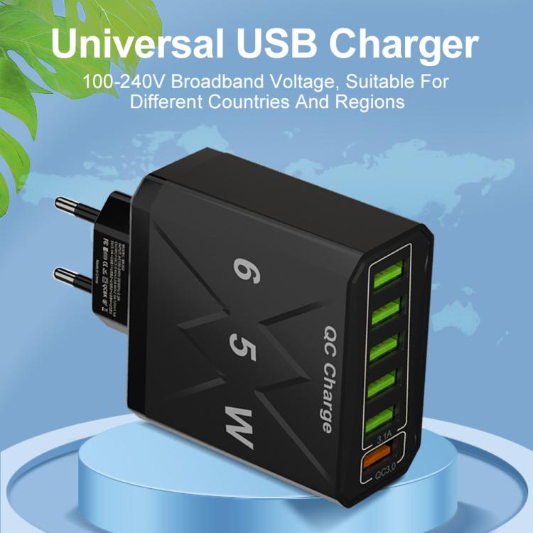 Sạc điện thoại 6 cổng USB 65W QC3.0 sạc nhanh, phích cắm EU (Đen), EU (Trắng), Mỹ (Đen), Mỹ (Trắng), Anh (Đen), Anh (Trắng)