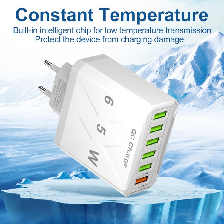 Sạc điện thoại 6 cổng USB 65W QC3.0 sạc nhanh, phích cắm EU (Đen), EU (Trắng), Mỹ (Đen), Mỹ (Trắng), Anh (Đen), Anh (Trắng)