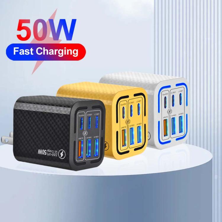 Sạc điện thoại 6 cổng 50W 3 USB + 3 Type-C sạc nhanh, phích cắm EU (Đen), EU (Trắng), EU (Vàng), Mỹ (Đen), Mỹ (Trắng), Mỹ (Vàng), Anh (Đen), Anh (Trắng), Anh (Vàng)