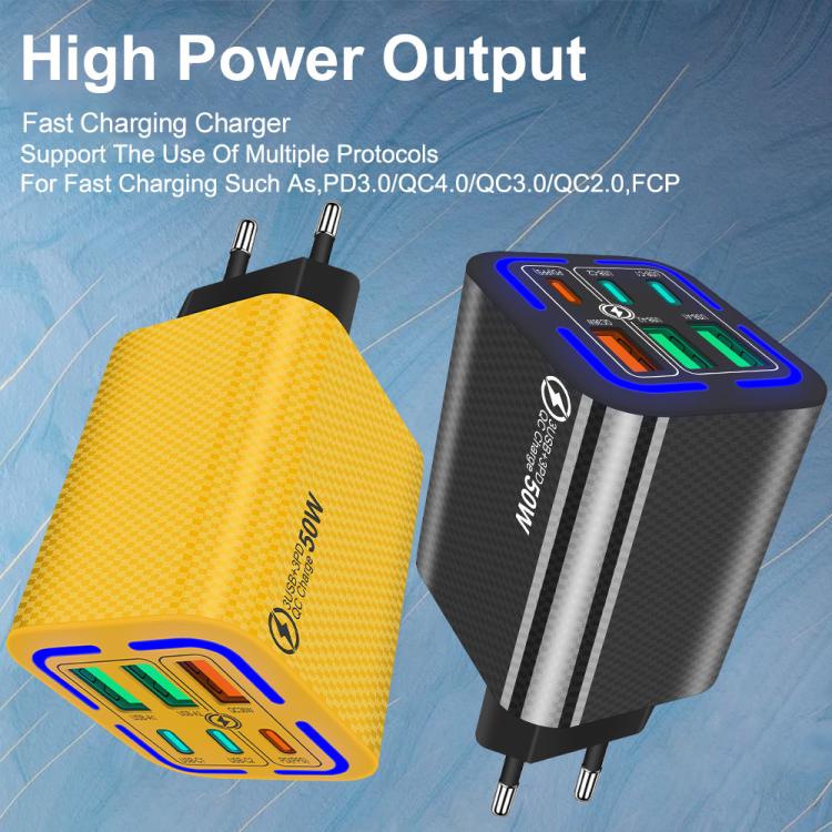 Sạc điện thoại 6 cổng 50W 3 USB + 3 Type-C sạc nhanh, phích cắm EU (Đen), EU (Trắng), EU (Vàng), Mỹ (Đen), Mỹ (Trắng), Mỹ (Vàng), Anh (Đen), Anh (Trắng), Anh (Vàng)