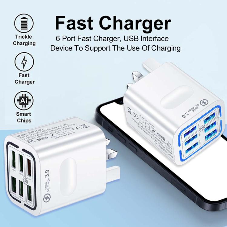 Sạc điện thoại đa cổng 6 USB BK321 sạc nhanh, phích cắm EU (Đen), EU (Trắng), EU (Vàng), Mỹ (Đen), Mỹ (Trắng), Mỹ (Vàng), Anh (Đen), Anh (Trắng), Anh (Vàng)