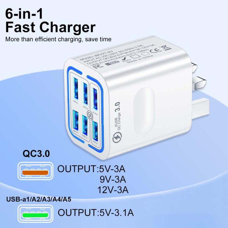Sạc điện thoại đa cổng 6 USB BK321 sạc nhanh, phích cắm EU (Đen), EU (Trắng), EU (Vàng), Mỹ (Đen), Mỹ (Trắng), Mỹ (Vàng), Anh (Đen), Anh (Trắng), Anh (Vàng)