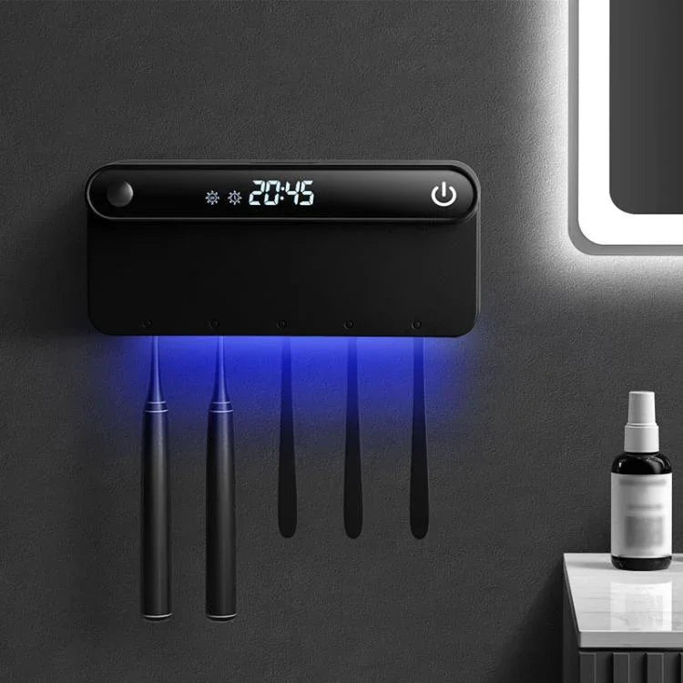 Máy tiệt trùng và sấy bàn chải đánh răng UV thông minh với cảm biến con người, hiển thị thời gian, sạc nhanh USB-C, giá treo tường không khoan