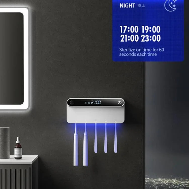 Máy tiệt trùng và sấy bàn chải đánh răng UV thông minh với cảm biến con người, hiển thị thời gian, sạc nhanh USB-C, giá treo tường không khoan