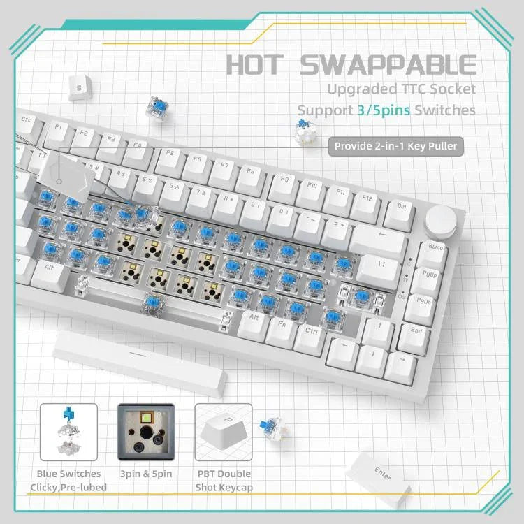 Bàn phím cơ có dây Ajazz AK820 có thể thay switch nóng với đèn, switch xanh đèn xanh dương băng, switch đỏ đèn trắng đen, switch đỏ AS đèn trắng xám trắng, switch HP đèn trắng xám trắng, switch Sea Salt RGB tím trắng xanh