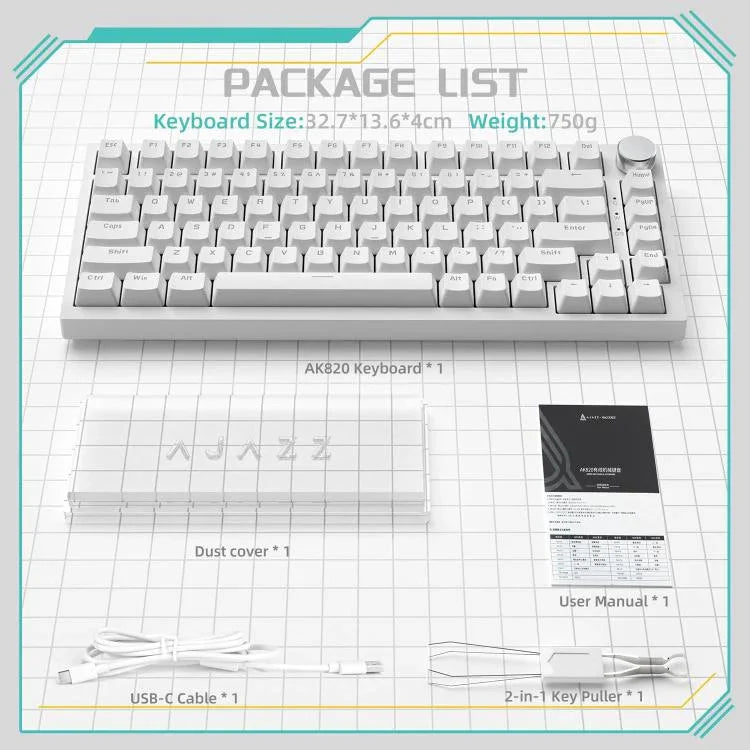 Bàn phím cơ có dây Ajazz AK820 có thể thay switch nóng với đèn, switch xanh đèn xanh dương băng, switch đỏ đèn trắng đen, switch đỏ AS đèn trắng xám trắng, switch HP đèn trắng xám trắng, switch Sea Salt RGB tím trắng xanh