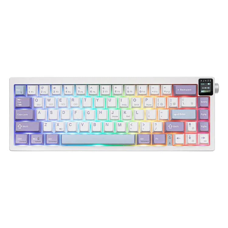 Bàn phím cơ không dây Ajazz AK650 ba chế độ với núm điều khiển màn hình, đèn RGB, công tắc Flying Fish tím trắng xanh, công tắc Dream tím trắng xanh, công tắc Dream đen xám vàng, công tắc Dream khắc bên cạnh chuyển sắc Blackberry