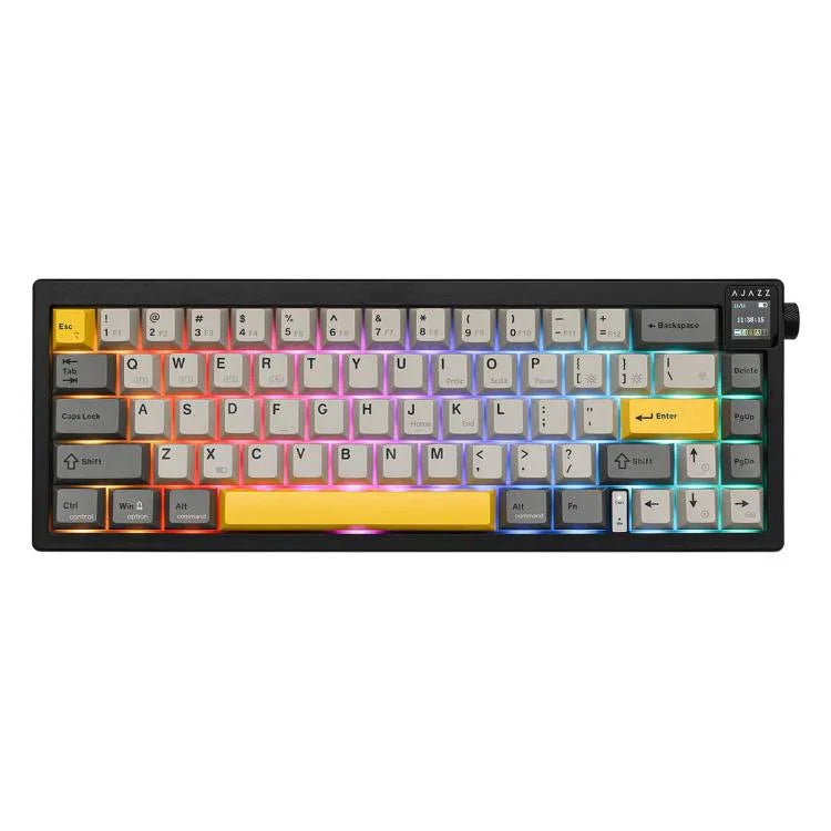 Bàn phím cơ không dây Ajazz AK650 ba chế độ với núm điều khiển màn hình, đèn RGB, công tắc Flying Fish tím trắng xanh, công tắc Dream tím trắng xanh, công tắc Dream đen xám vàng, công tắc Dream khắc bên cạnh chuyển sắc Blackberry