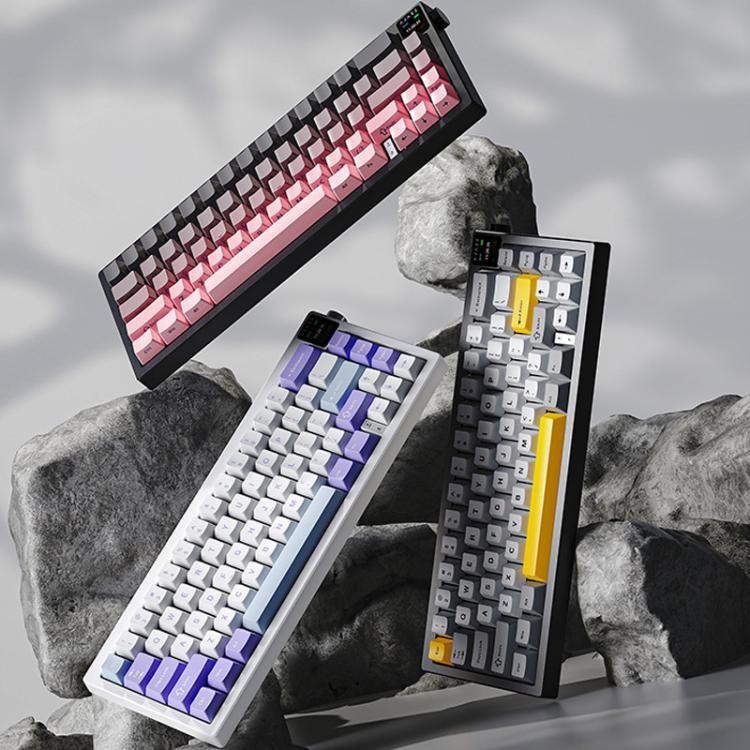 Bàn phím cơ không dây Ajazz AK650 ba chế độ với núm điều khiển màn hình, đèn RGB, công tắc Flying Fish tím trắng xanh, công tắc Dream tím trắng xanh, công tắc Dream đen xám vàng, công tắc Dream khắc bên cạnh chuyển sắc Blackberry