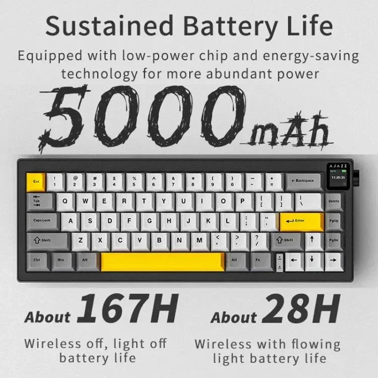 Bàn phím cơ không dây Ajazz AK650 ba chế độ với núm điều khiển màn hình, đèn RGB, công tắc Flying Fish tím trắng xanh, công tắc Dream tím trắng xanh, công tắc Dream đen xám vàng, công tắc Dream khắc bên cạnh chuyển sắc Blackberry