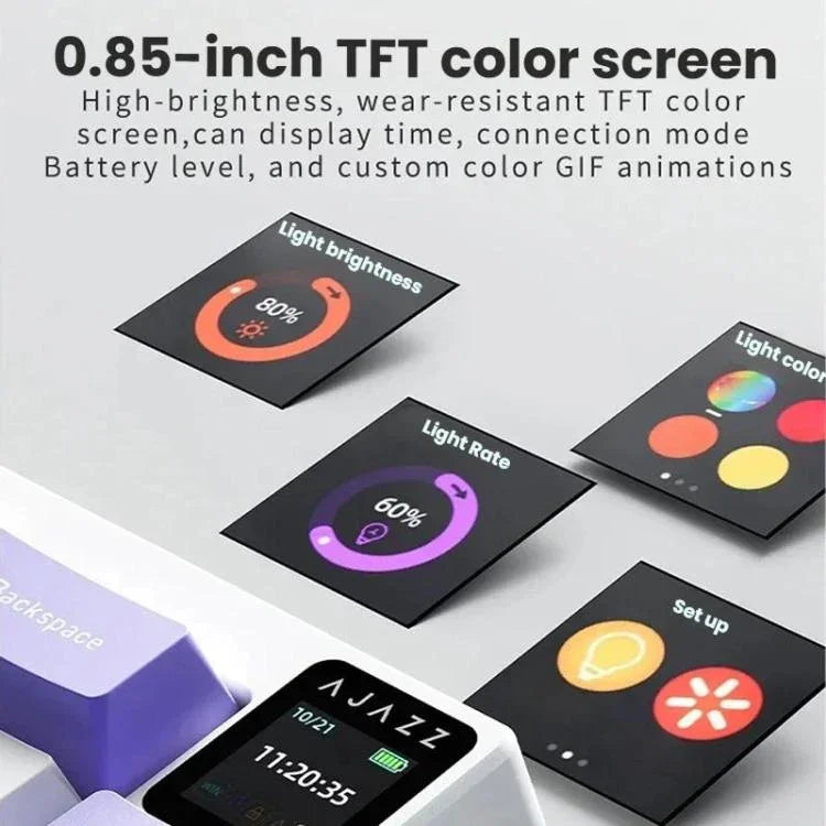 Bàn phím cơ không dây Ajazz AK650 ba chế độ với núm điều khiển màn hình, đèn RGB, công tắc Flying Fish tím trắng xanh, công tắc Dream tím trắng xanh, công tắc Dream đen xám vàng, công tắc Dream khắc bên cạnh chuyển sắc Blackberry
