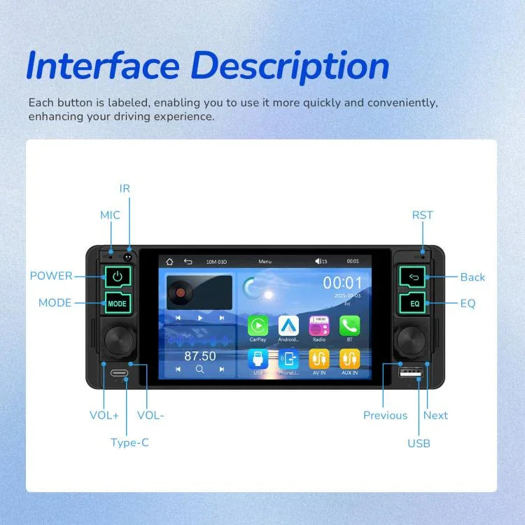 Máy nghe nhạc MP5 phổ thông 5.1 inch màn hình ngang một chỗ ngồi, tích hợp chức năng CarPlay không dây, máy tiêu chuẩn, tiêu chuẩn + 12 đèn camera
