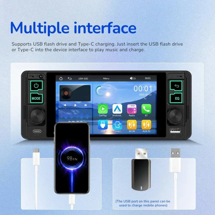 Máy nghe nhạc MP5 phổ thông 5.1 inch màn hình ngang một chỗ ngồi, tích hợp chức năng CarPlay không dây, máy tiêu chuẩn, tiêu chuẩn + 12 đèn camera