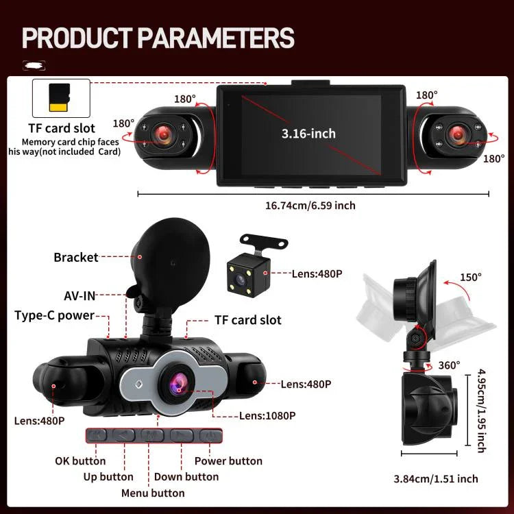 Camera hành trình ô tô 3 inch 1080P với bốn ống kính, camera trong xe 480P trái phải sau, L5972