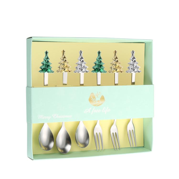 Bộ 6 món dụng cụ cây thông Noel bằng thép không gỉ gồm thìa cà phê, nĩa tráng miệng kèm hộp quà
