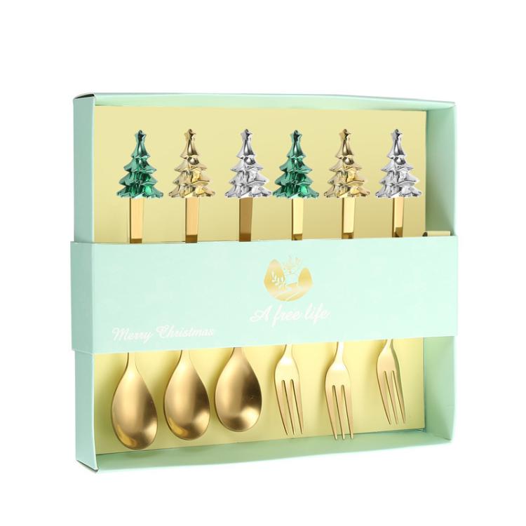 Bộ 6 món dụng cụ cây thông Noel bằng thép không gỉ gồm thìa cà phê, nĩa tráng miệng kèm hộp quà