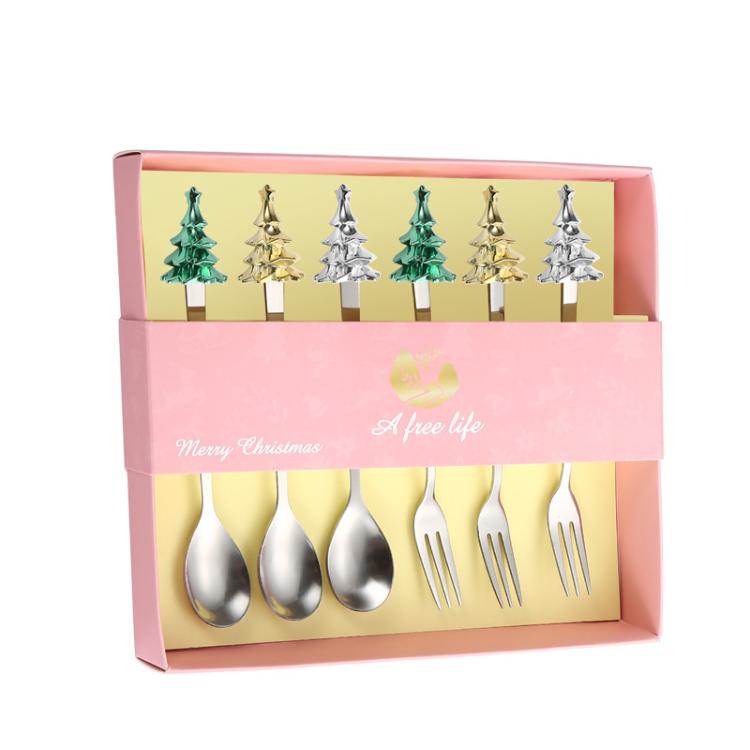 Bộ 6 món dụng cụ cây thông Noel bằng thép không gỉ gồm thìa cà phê, nĩa tráng miệng kèm hộp quà