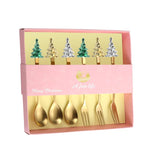 Bộ 6 món dụng cụ cây thông Noel bằng thép không gỉ gồm thìa cà phê, nĩa tráng miệng kèm hộp quà