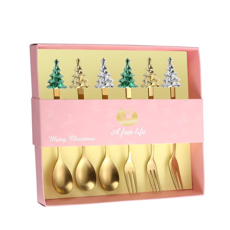 Bộ 6 món dụng cụ cây thông Noel bằng thép không gỉ gồm thìa cà phê, nĩa tráng miệng kèm hộp quà