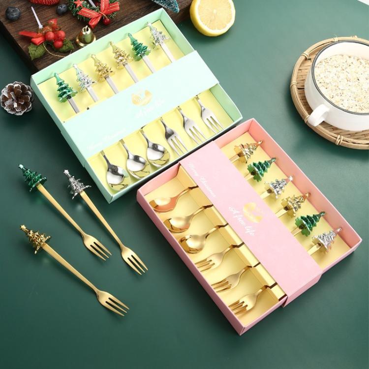 Bộ 6 món dụng cụ cây thông Noel bằng thép không gỉ gồm thìa cà phê, nĩa tráng miệng kèm hộp quà