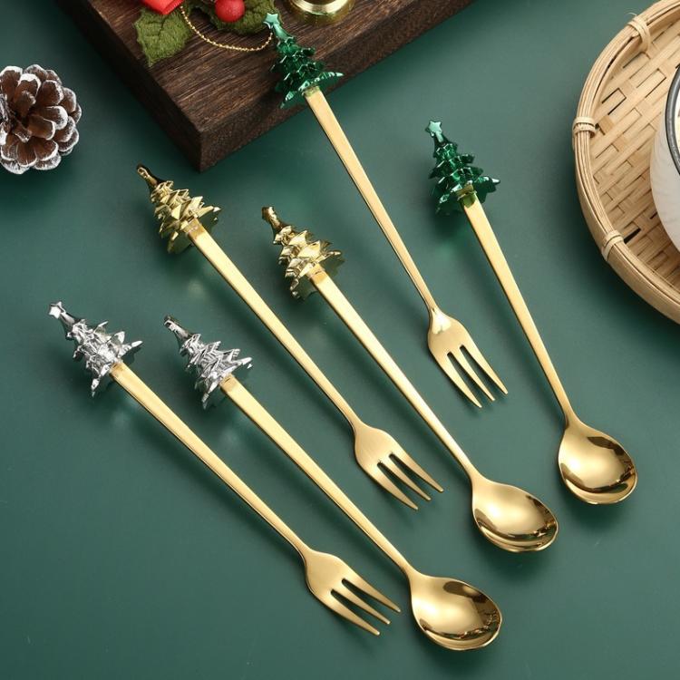 Bộ 6 món dụng cụ cây thông Noel bằng thép không gỉ gồm thìa cà phê, nĩa tráng miệng kèm hộp quà