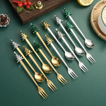 Bộ 6 món dụng cụ cây thông Noel bằng thép không gỉ gồm thìa cà phê, nĩa tráng miệng kèm hộp quà