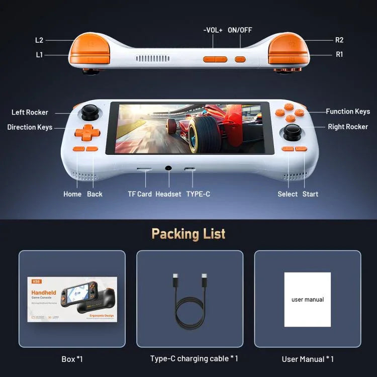 Máy chơi game Retro K56 với màn hình cảm ứng 5.5 inch, hệ điều hành Android 14, giao diện ES-DE cho chơi game nhanh hơn, không kèm thẻ game, 6+128G