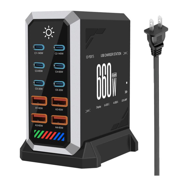Bộ sạc đa cổng 6 Type-C + 4 USB công suất cao 660W Gallium Nitride để bàn, phích cắm US, UK, EU, AU