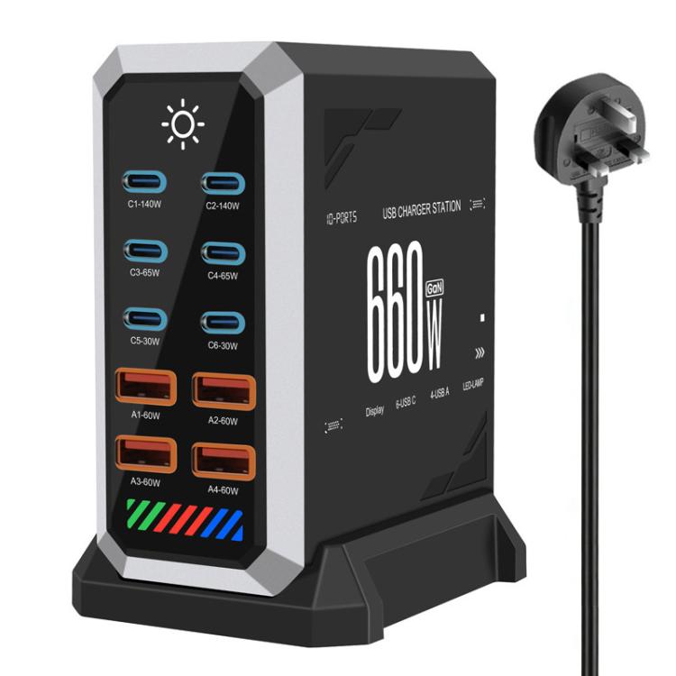 Bộ sạc đa cổng 6 Type-C + 4 USB công suất cao 660W Gallium Nitride để bàn, phích cắm US, UK, EU, AU