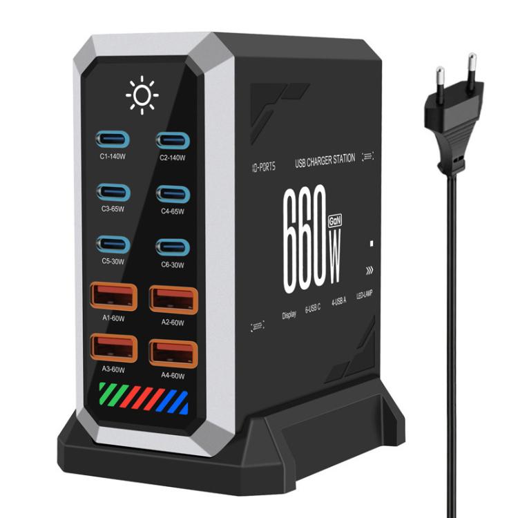 Bộ sạc đa cổng 6 Type-C + 4 USB công suất cao 660W Gallium Nitride để bàn, phích cắm US, UK, EU, AU