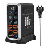 Bộ sạc đa cổng 6 Type-C + 4 USB công suất cao 660W Gallium Nitride để bàn, phích cắm US, UK, EU, AU
