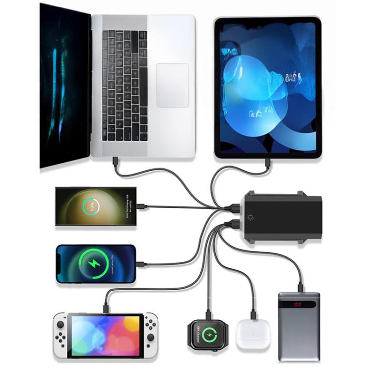 Bộ sạc đa cổng 6 Type-C + 4 USB công suất cao 660W Gallium Nitride để bàn, phích cắm US, UK, EU, AU