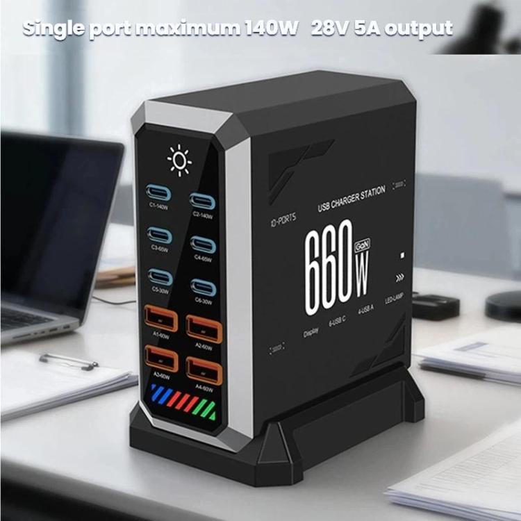 Bộ sạc đa cổng 6 Type-C + 4 USB công suất cao 660W Gallium Nitride để bàn, phích cắm US, UK, EU, AU