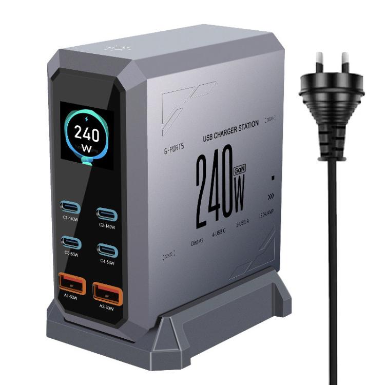 Bộ sạc đa cổng 4 Type-C + 2 USB 240W hiển thị động Gallium Nitride, phích cắm AU, US, EU, UK