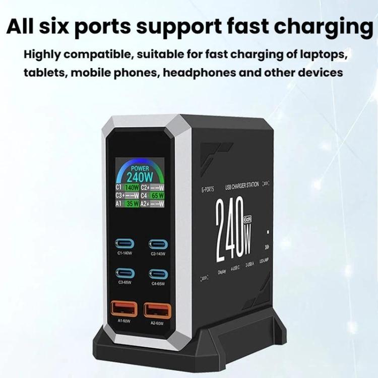 4 Type-C+2 USB Multi-Port 240W Dynamic Display Gallium Nitride Charger, AU Plug, US Plug, EU Plug, UK Plug