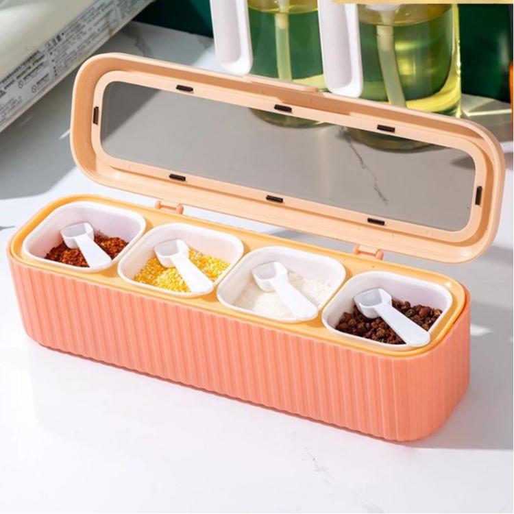 Hộp gia vị 4 ngăn dùng trong gia đình, hộp đựng gia vị nhà bếp
