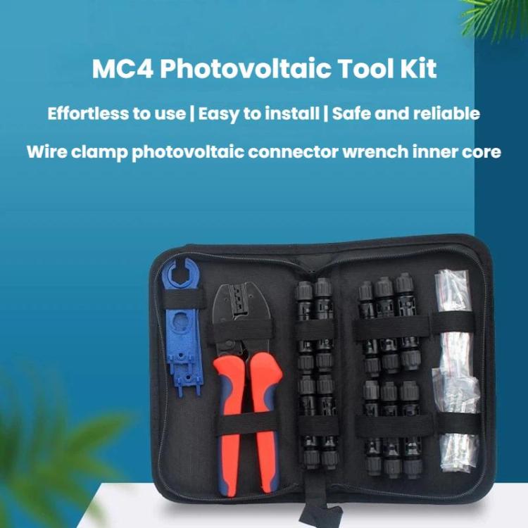 Bộ dụng cụ MC4 PV gồm kìm bấm, cờ lê, đầu nối PV, túi đựng dụng cụ, 24 trong 1
